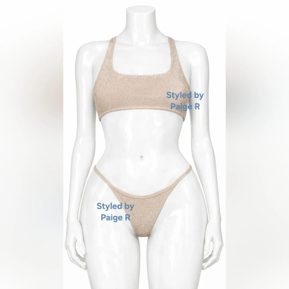 ❤️NWT SKIMS 2 Piece Glitter Swim Scoop neck top thong Bikini Set Nude SIENNA 3X
